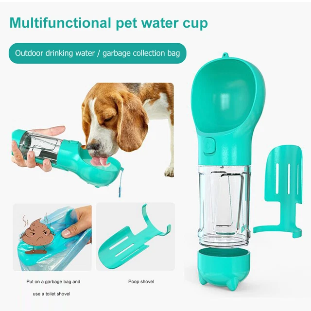 Botella de agua de viaje 3 en 1 para gatos con cordón productos multifuncionales para mascotas (azul)