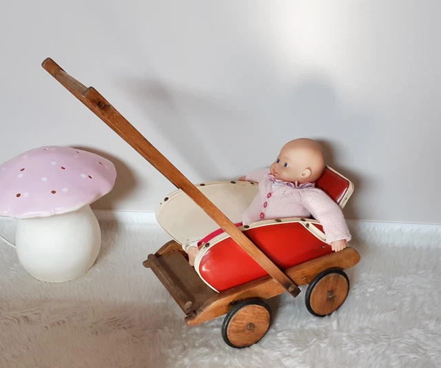 Jouet Ancien – Poussette De Poupée En Bois – France 1950