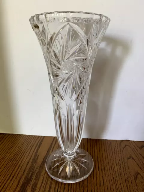 Clear Cut Crystal Bohemian Czech Pinwheel Style Vase 11" Tall Decorative