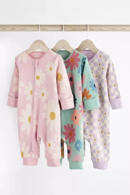 Baby Girls Zip Footless Sleepsuits 3 Pack, Pink Floral Babygrows, 3-6M, Next