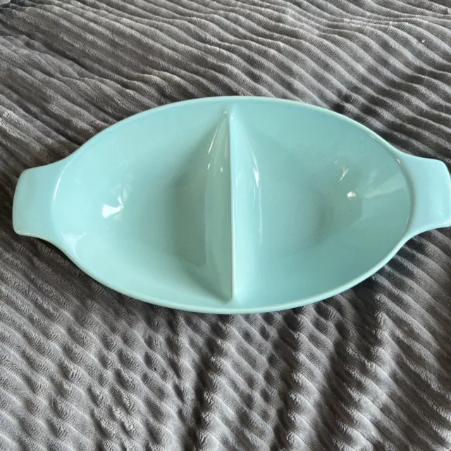 vintage Bauer Pottery divided serving dish, light blue speckled.