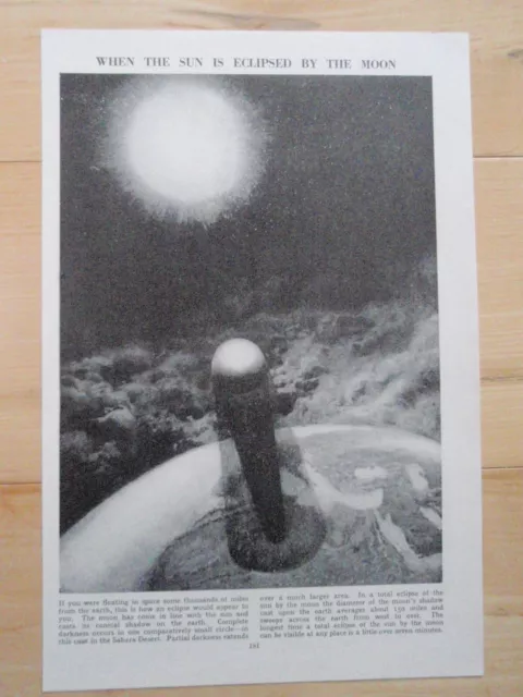 ECLIPSE OF THE SUN old vintage ASTRONOMY print 1950's MOON & SUN IN SPACE