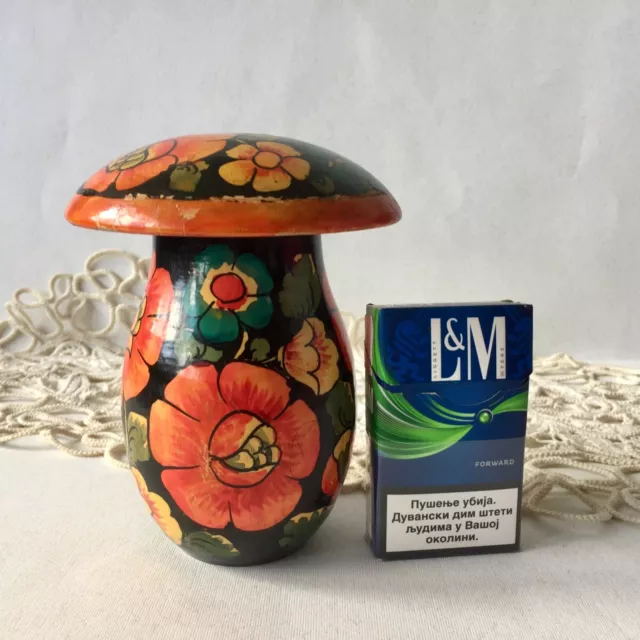 Vintage USSR Russian Wooden Lacquered Hand Painted Floral Mushroom Piggy Bank
