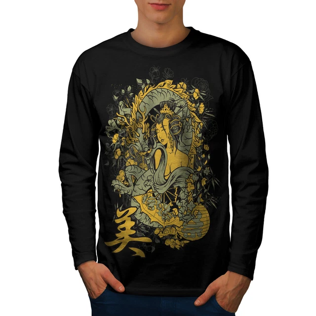 T-shirt a maniche lunghe Wellcoda Dragon Asia Japan da uomo, grafica tradizionale