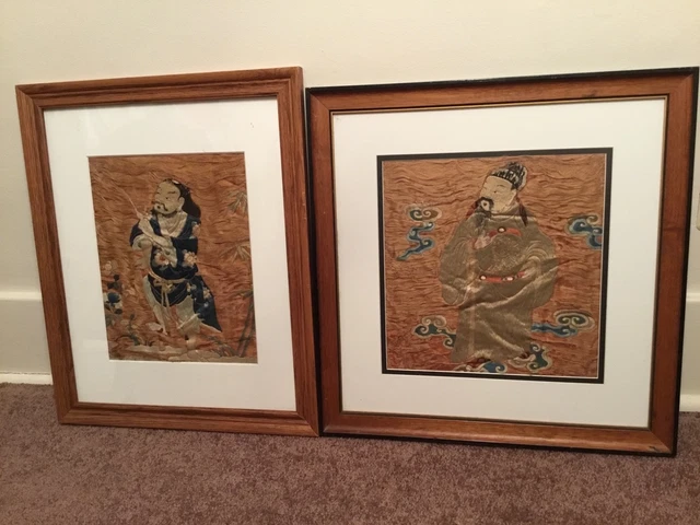 2 ANTIQUE QI'ING 19th c CHINESE EMBROIDERED SILK PANELS W. IMMORTALS EMBROIDERY!