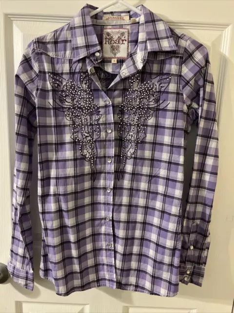 Roar Woman’s Button Up Western Shirt S Purple Plaid Embroidered Snaps Sequin