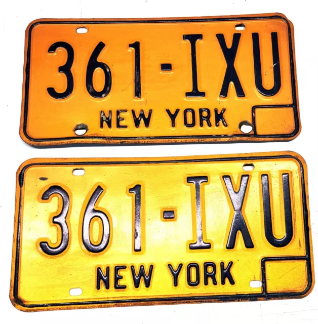 Vintage 1970s Pair New York License Plates Tag # 361-IXU NY USA Blue on Orange