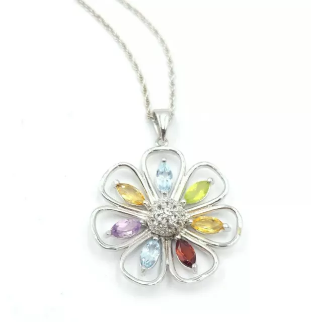 Vintage Multi Gem Stone Flower Sterling Silver 925 Pendant Necklace