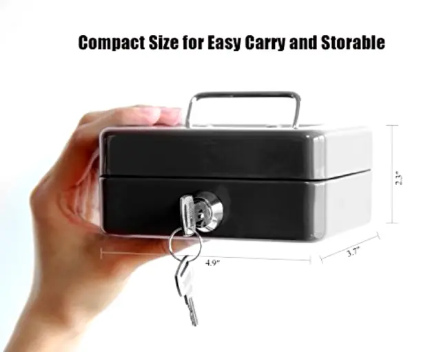 Mini Locking Small Steel Cash Box with Money Tray Black and Carrying Handle