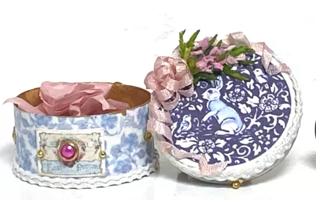 Artisan Delft Rabbit & Gladiolas Hat Box 1:12 Dollhouse Mini Signed OOAK  '23
