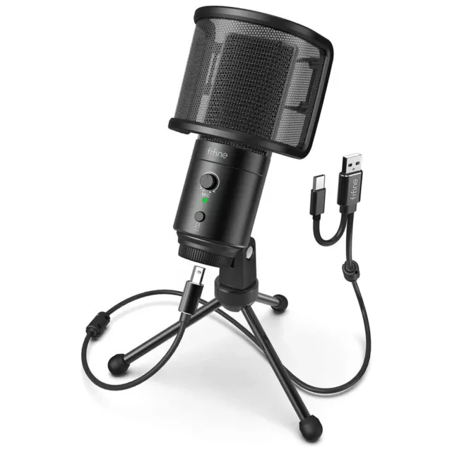 Fifine Technology Condenser Cardioid USB-C Podcast Microphone w/Stand/Pop Filter