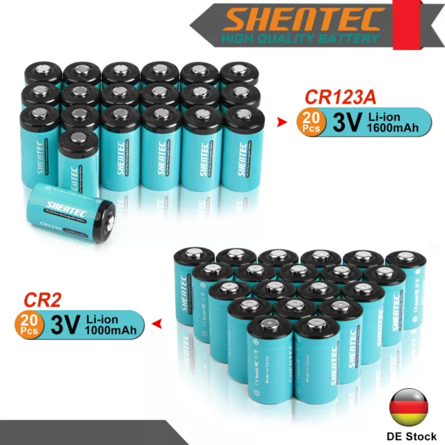 20 Stück Shentec 3V Lithium 1000mAh/1600mAh CR2 CR123A CR123 Batterie Batterien