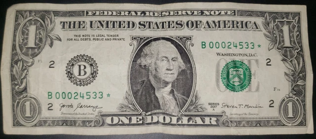 Low Serial Number 2017A $1 ONE DOLLAR ⭐ NOTE!!! #B00024533* F  5 Digit Star Note
