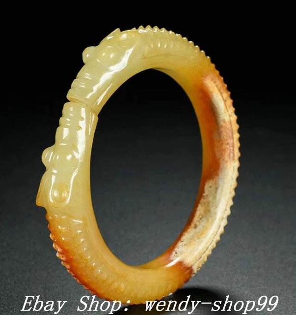 Old Chinese Dynasty Natural Hetian Jade Carve Yu Pig Dragon Hook Bracelet Bangle