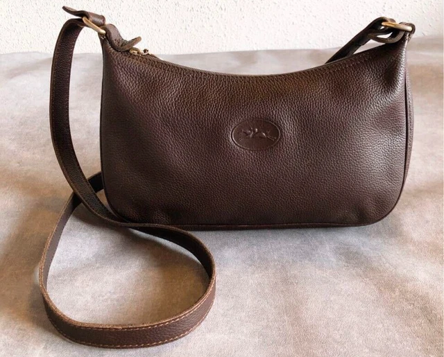 VINTAGE Auth Longchamp Brown Leather Shoulder Crossbody Bag Made in France