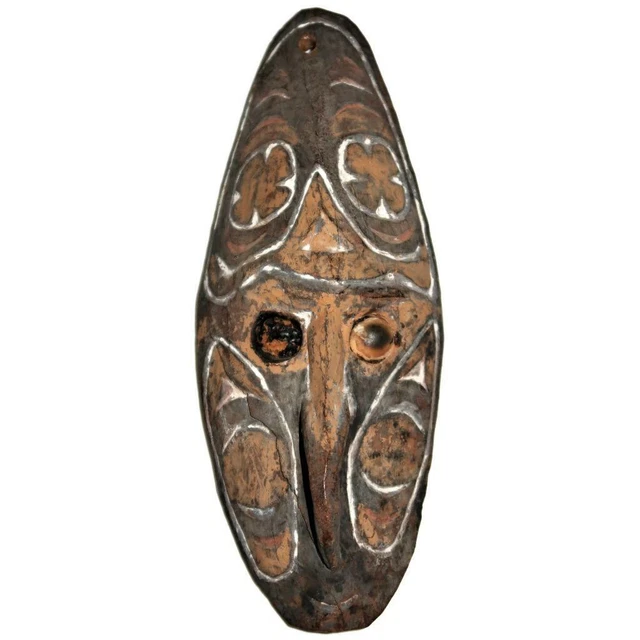 Vintage Hand Carved Wood African Painted Small Tribal Hanging Mask, 9" X 3"