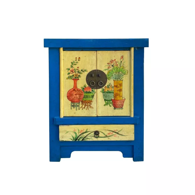 Chinese Rustic Bright Blue Yellow Graphic End Table Nightstand cs7421