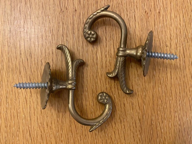 Pair Cast Brass Curtain Tie Backs.  Hooks