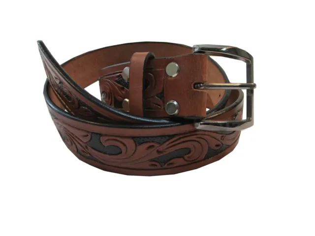 Western  Belt Cowboy Rodeo Leather Floral Brown Tooled Unisex Formal Carved