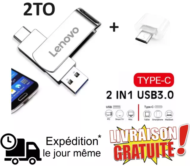 2TB-2000Go Clé USB 3.0 Vitesse, OTG 2en1, de USB à usb TypeC, Androïd +Adapt.