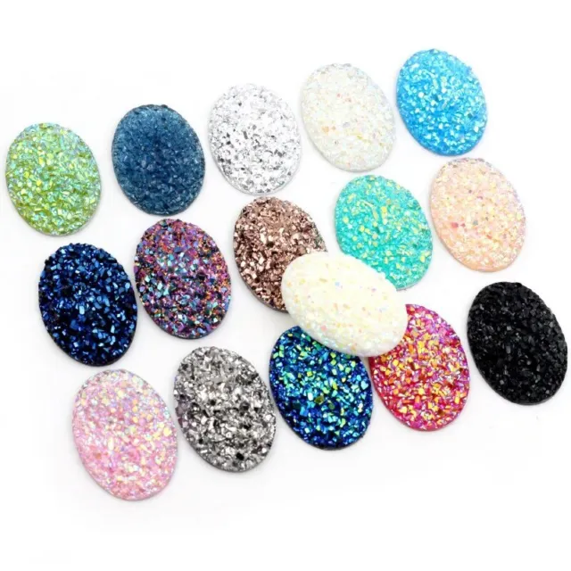 40pcs Oval Glitter Top Cabochons Charms Beads Druzy Textured Flatback Gems Jewel