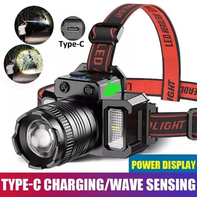 Headlight Head Torch Super Bright LED Sensor USB Rechargeable Headlamp Zoom