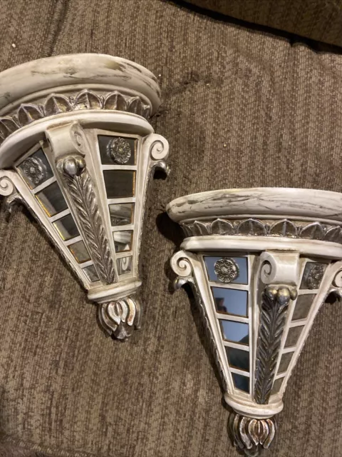 Pair Set Two vintage decorative Wall Corbel, Cream/gold wood Shelf Sconce (2)