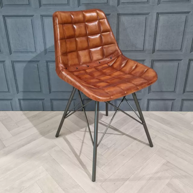 Vintage Industrial Dining Chairs Brown Genuine Real Leather Metal Restaurant Bar 2