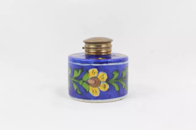 Vintage Hand Painted Floral Art Indian Blue Pottery Ceramic Empty Inkpot Inkwell