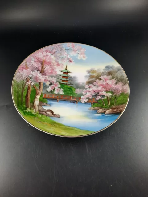 Vintage Lily China Japan Cherry Blossom Pagoda Scene Hand Painted Plate 10" 2