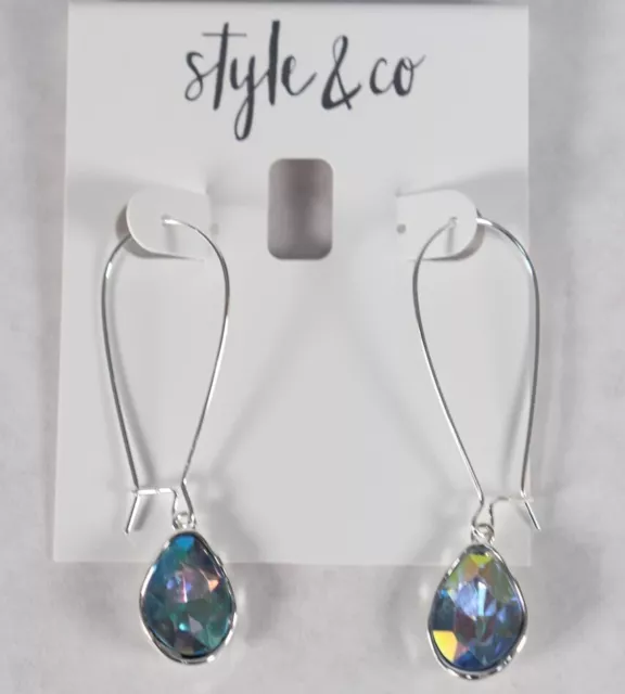 Style & Co Silver Tone Blue Iridescent Bead Wire Drop Earrings $14.50 New