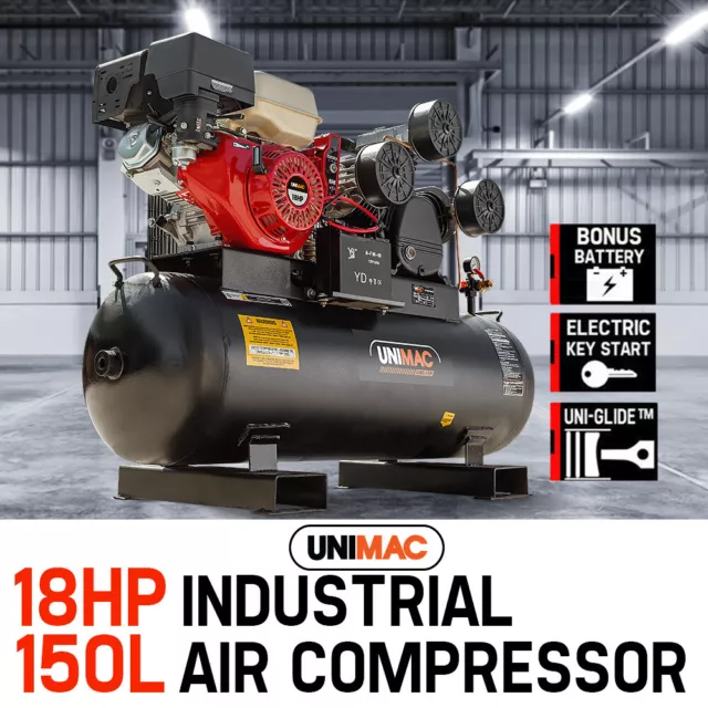 UNIMAC Industrial Air Compressor Petrol Powered 150L Heavy Duty Electric Start