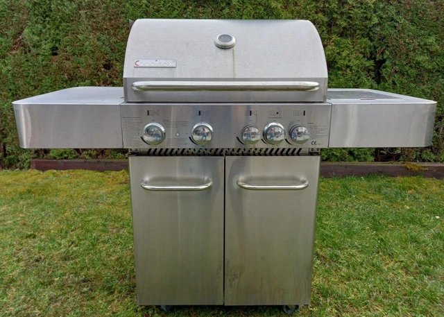 Gasgrill, Grill, Edelstahl, 4 Flammig ,Seitenbrenner, Gusseiserner Rost/Platte