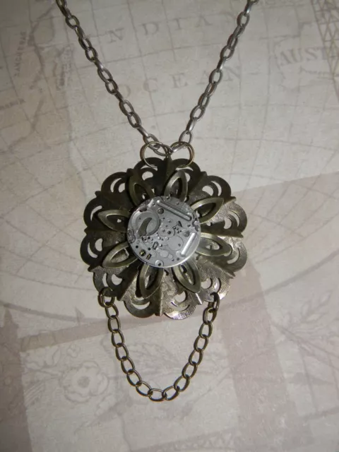 Steampunk Necklace Victorian Style Filligree Rotating WatchMovement Cosplay OOAK