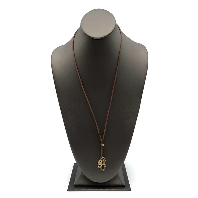 Charming Charlie Brown Cord Hamsa Hand / Evil Eye Green Rhinestone Necklace