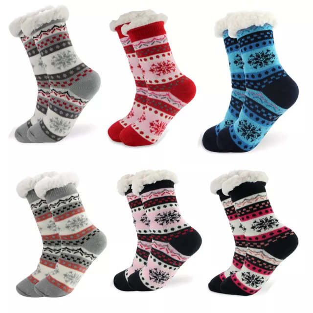 Pairs Women Christmas Slipper Socks Fuzzy Sherpa Fleece Thermal Non Skid
