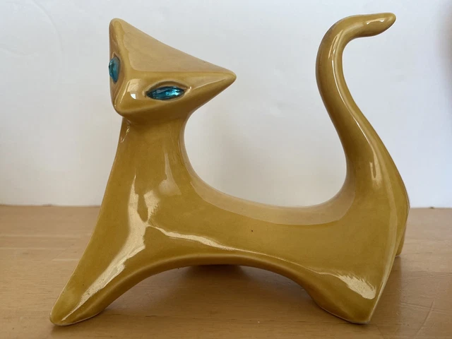 Cubist Cat Rhinestone Eyes Figurine 50s JAPAN Mid Century Vintage MCM Gold