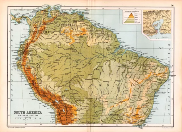 1909 Map ~ South America Northern Section ~ Physical Brazil Colombia Peru