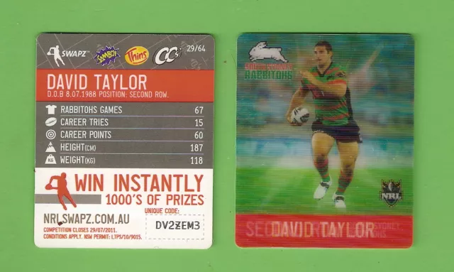 #D534.  Nrl 2011  South Sydney Rabbitohs Rugby League Tazo #29  David Taylor