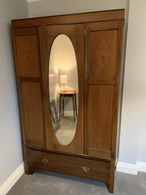 Antique Edwardian wood wardrobe drawer & clothes rail mahogany unit oval mirror