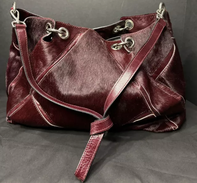 Mania Genuine Leather Calf Hair Stunning Burgundy, Made In Italy Shoulder Purse