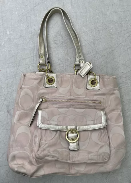 Coach Penelope Bluch Pink Gold Signature Handbag Shoulder Purse Kiss lock USED