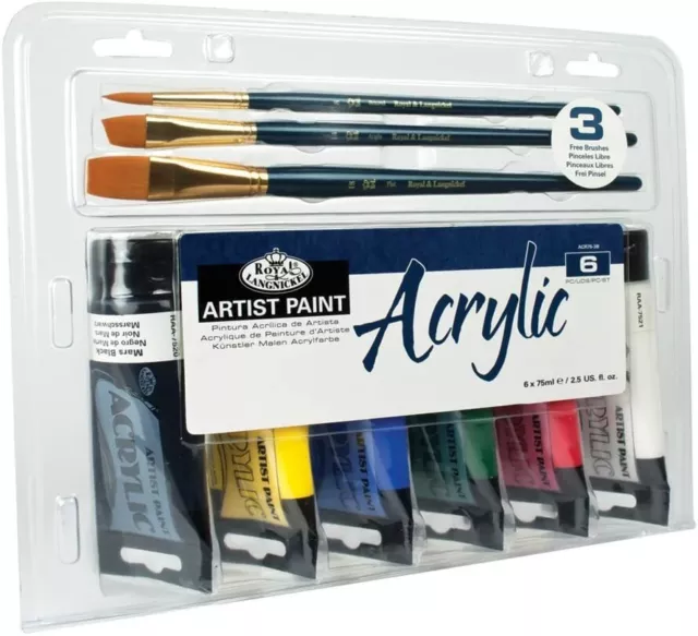 Royal & Langnickel Artiste Peinture Acrylique 6 X 75ml Ensemble Avec 3 Brosses