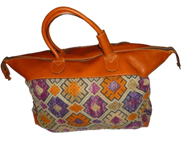 Vintage Tapestry Carpet Bag Colorful Southwest Leather Duffel Duffle Carry On