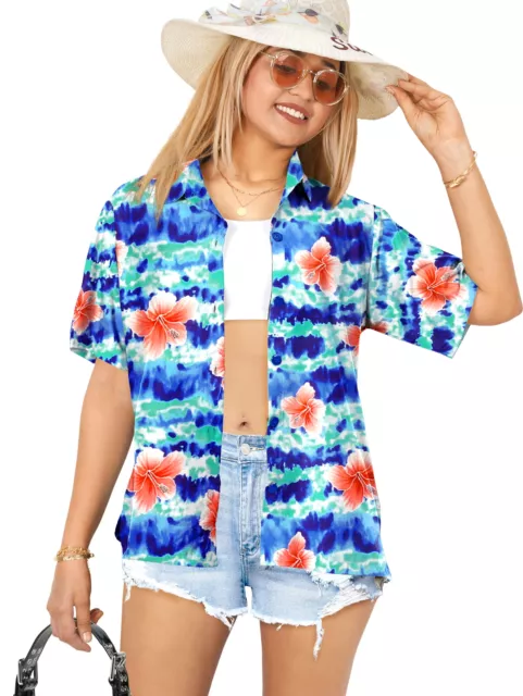 LA LEELA Hawaiian Shirts Womens Casual Summer Beach M Floral, Royal Blue