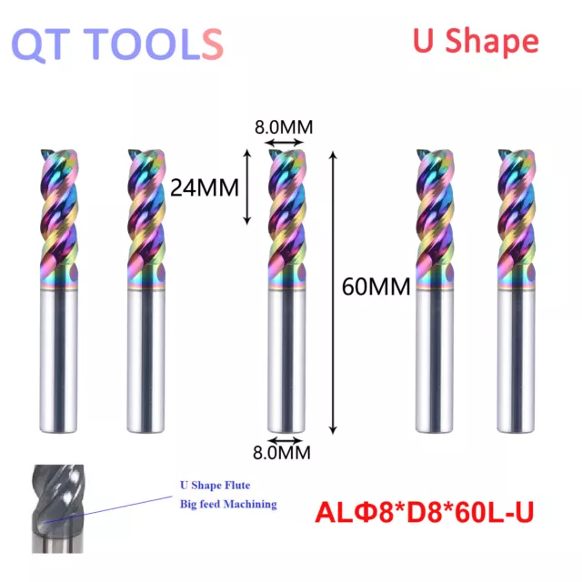 5Pcs U Shape 8mm 3 Flute End Mill carbide For Aliuminum CNC mill Cutter HRC55