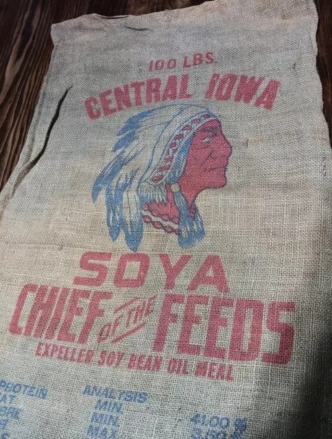 Vintgae Central  Iowa Bean Mill Gladbrook  Soybean Burlap Feed Sack Bag Chief...