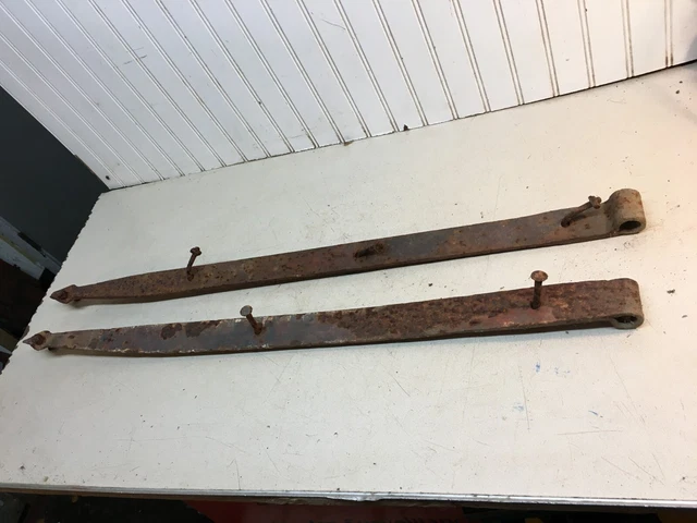 Antique Hand Forged Iron Barn Door Strap Hinges Pair  34” Long x 1.5 in 4