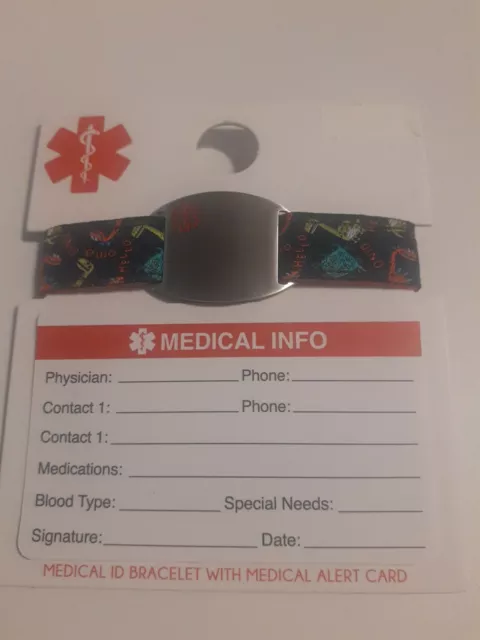 ⭐ Pulsera de alerta médica en blanco para niños azul ajustable con dinosaurios (A1)