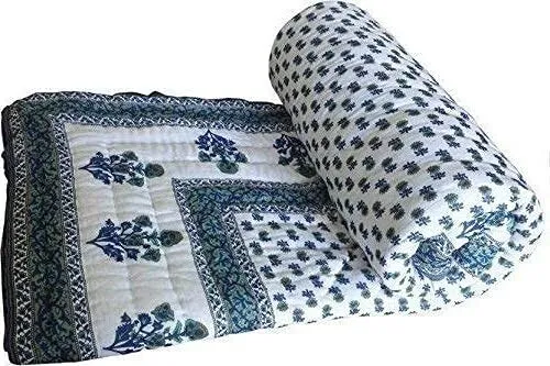 Jaipuri Blanc et Bleu Floral Coton Imprimé Couette - Simple Lit, Léger